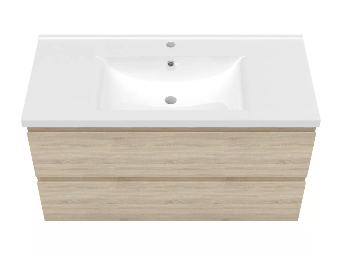 Ensemble meuble salle de Bain 100cm simple vasque avec colonne et miroir 3 couleurs Chêne Wotan