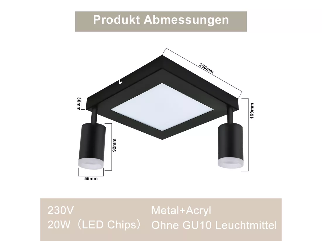 NETTLIFE Spot de plafond carré GU10 3000k blanc chaud 20W lampe de chambre orientable 350° blanc chaud