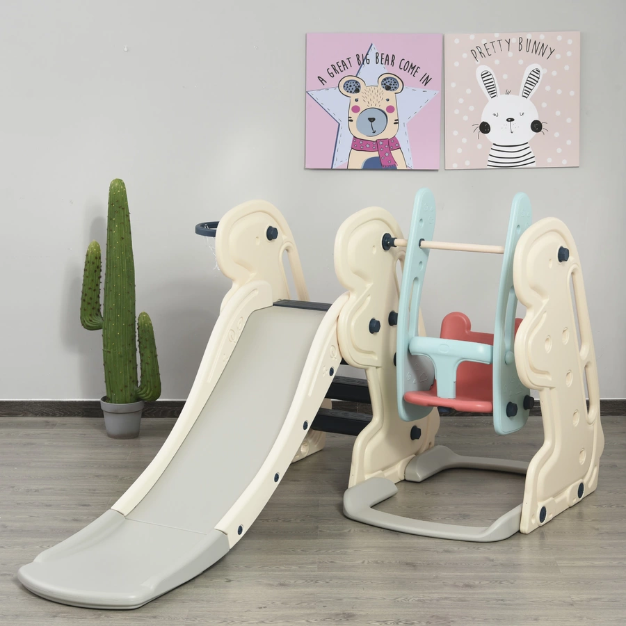 HOMCOM 3-in-1-Kinderrutsche mit Schaukel und Basketballkorb weiß, blau, grau