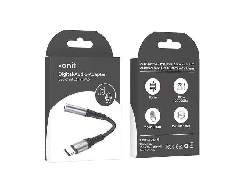 onit Digital-Audio-Adapter USB-C auf 3.5 mm Klinke Zum Anschliessen von Audiozubehör an der USB-C-Buchse von Mobilgeräten