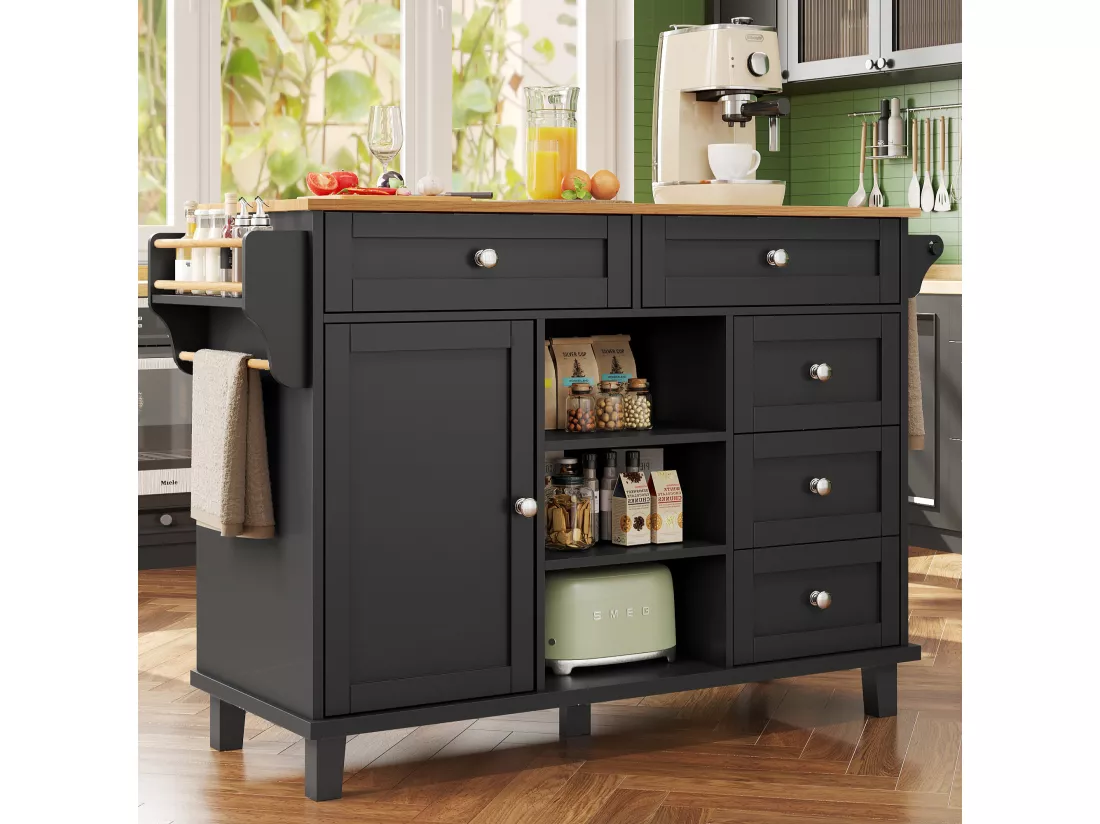 Ilot central de cuisine fixe avec une porte, 5 tiroirs et 3 compartiments ouverts - 134 x 46 x 92 cm - Bois MDF - Noir