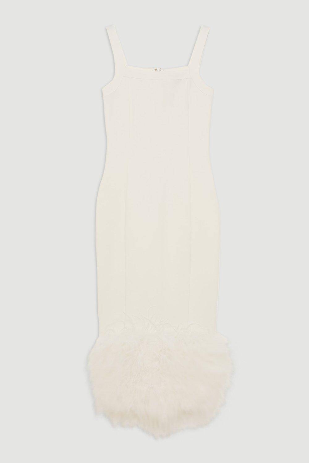 KarenMillen Robe Mi-Longue Moulante en Maille avec Ourlet à Plumes