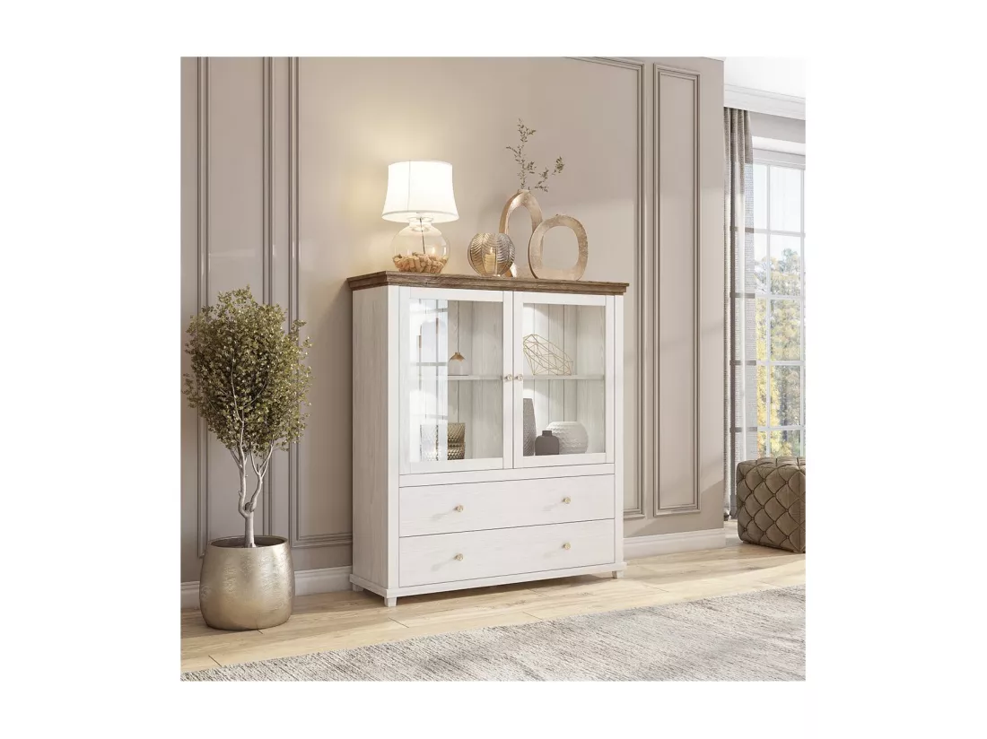 Vaisselier avec LED intégrées collection ASSIA. Coloris frêne blanc et chêne. 2 Portes et 2 Tiroirs
