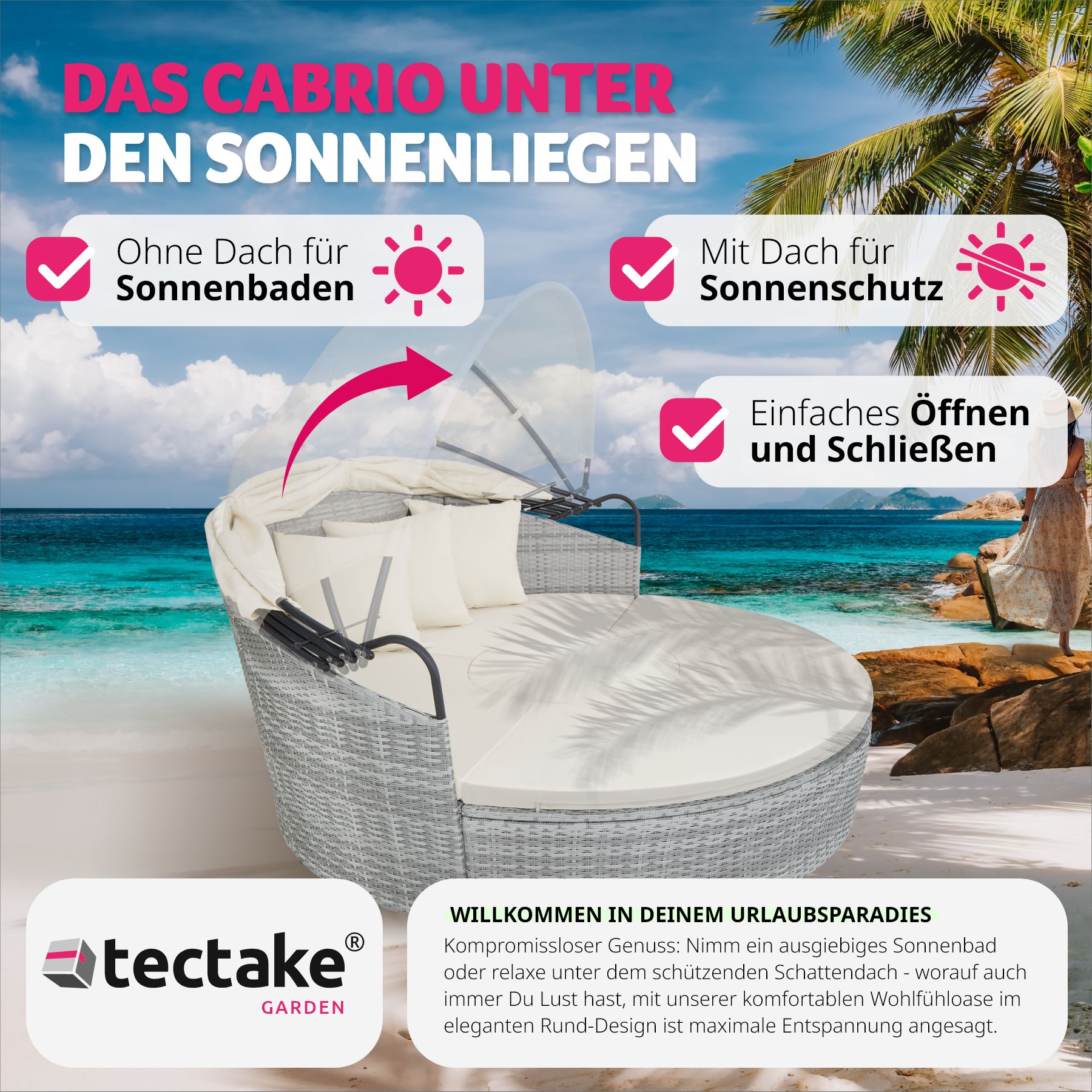 tectake® Rattan Sonneninsel, mit Aluminiumgestell, klappbares Sonnendach, variabel aufstellbar