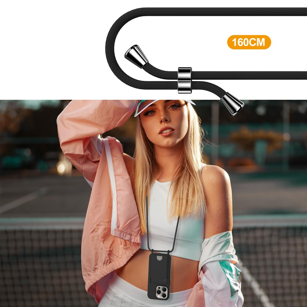 iPhone 16 Pro Max Necklace Silikon Hülle mit Kartenfach   Handykette (160cm) - Schwarz