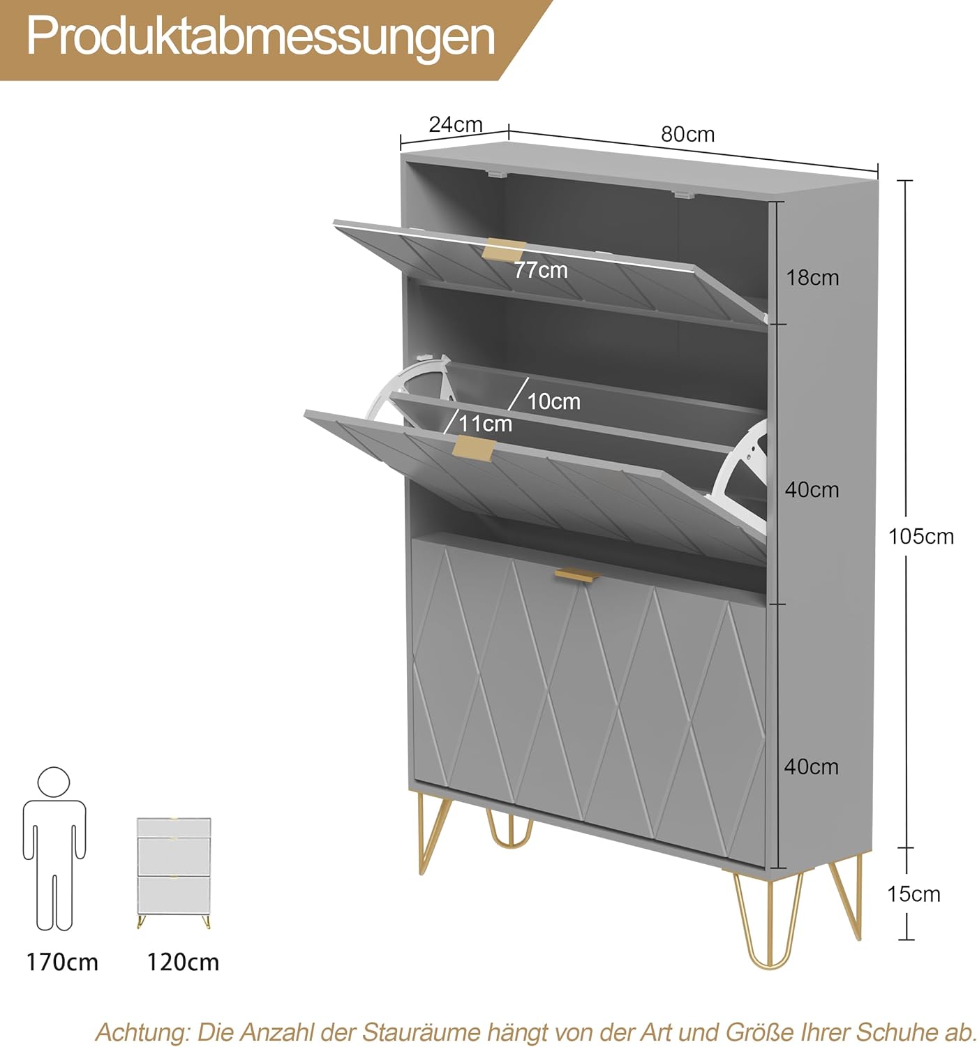 UEV Schuhschrank mit 2 Klappen, 80 x 24 x 120 cm für 16 Paar Schuhe mit 1 Schubladen, Schuhschrank Grau, Schuhkipper Schmal, Schrank Flur Schuhkommode im Flur, Platzsparend