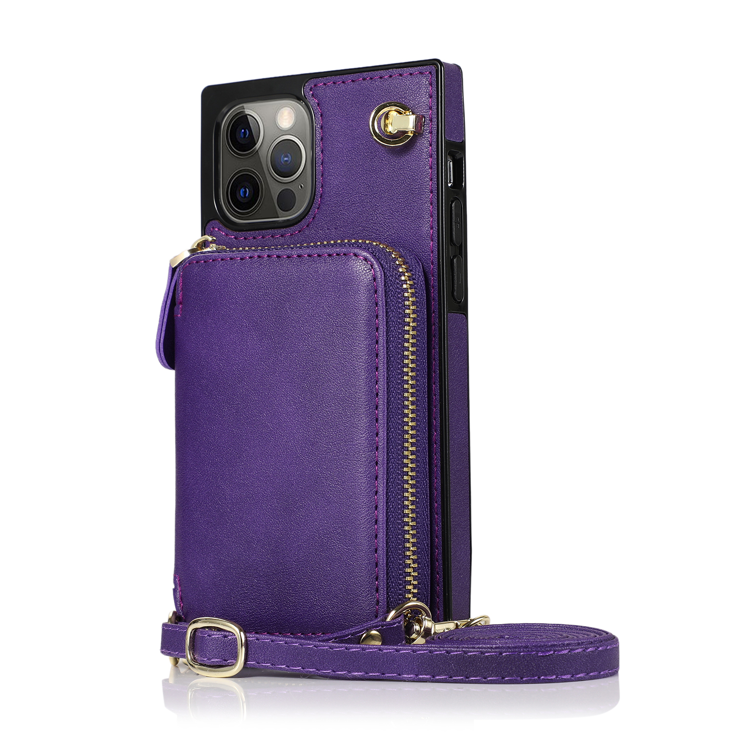 iPhone 13 Pro Necklace Leder Schutz Hülle mit Kartenfächer   Handykette (140cm) - Violett