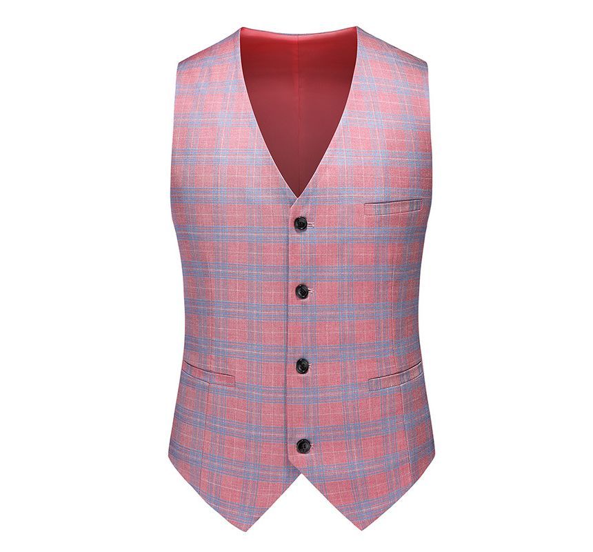 Sheck - Set: Geruite blazer met één knoop + V-hals vest met knoopjes + taps toelopende pantalon met middelhoge taille