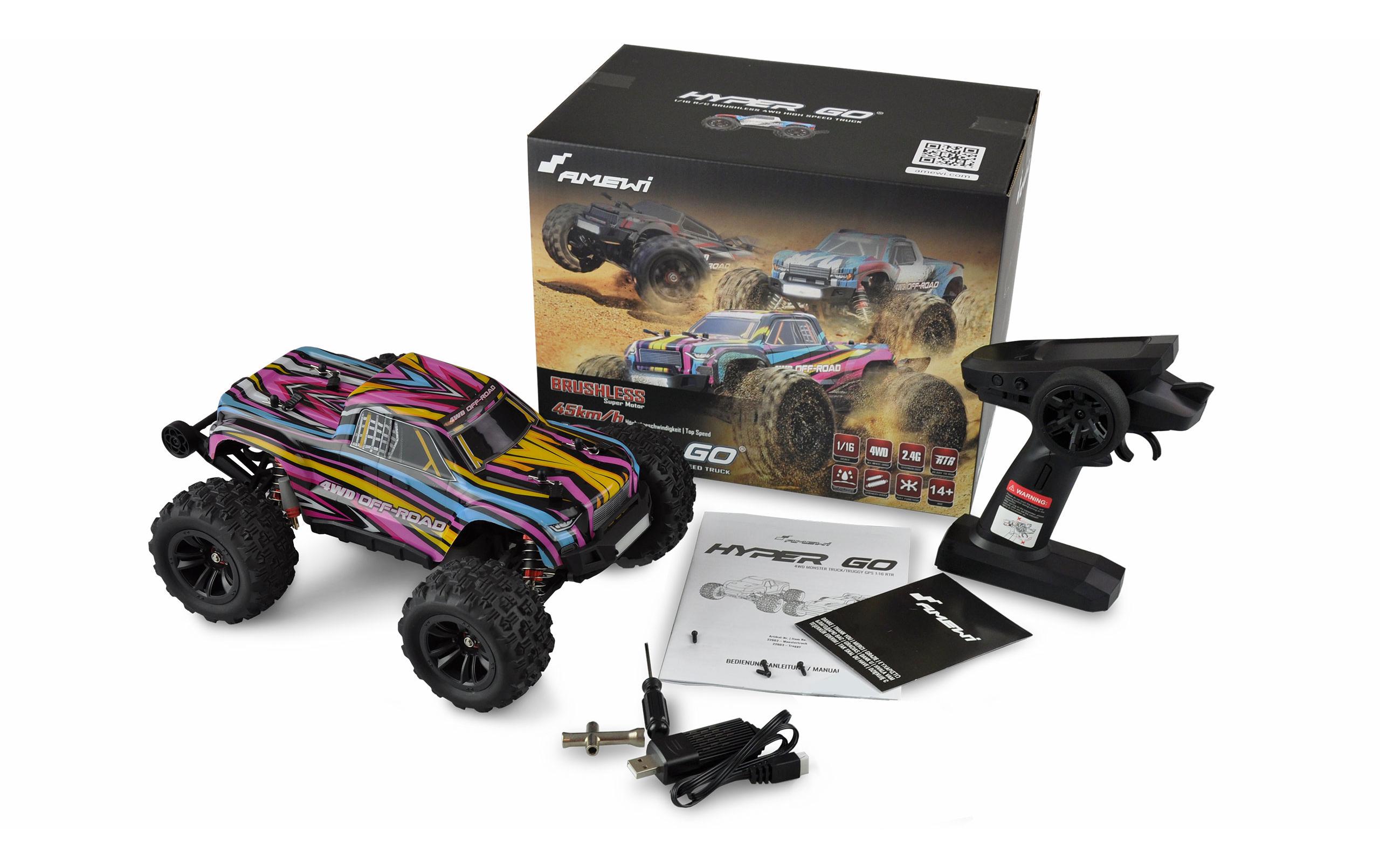 Monster Truck Hyper GO Brushless 4WD, Blau/Rot, 1:16, RTR<br>Off-Road RC Modellauto mit Allradantrieb und 45 km/h Höchstgeschwindigkeit