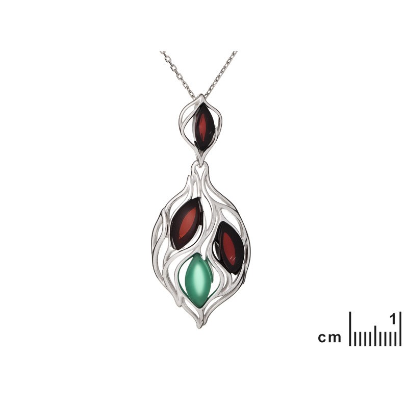 PENDENTIF AGATE NATURELLE TAINTEE VERTE, AMBRE ARGENT