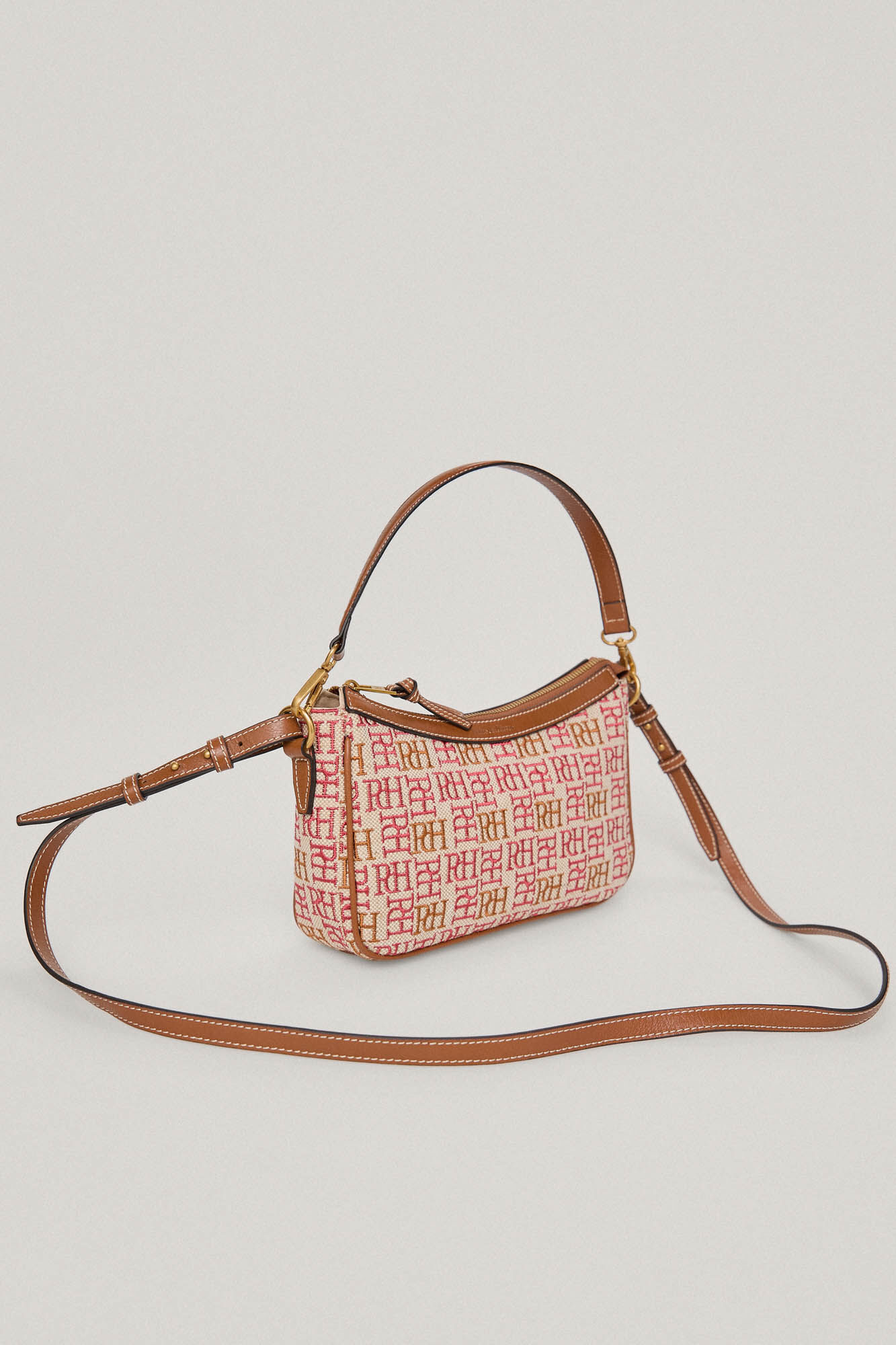 Bolsa baguette e bolsa de ombro em lona com logotipo bordado e detalhes em couro - Rosa