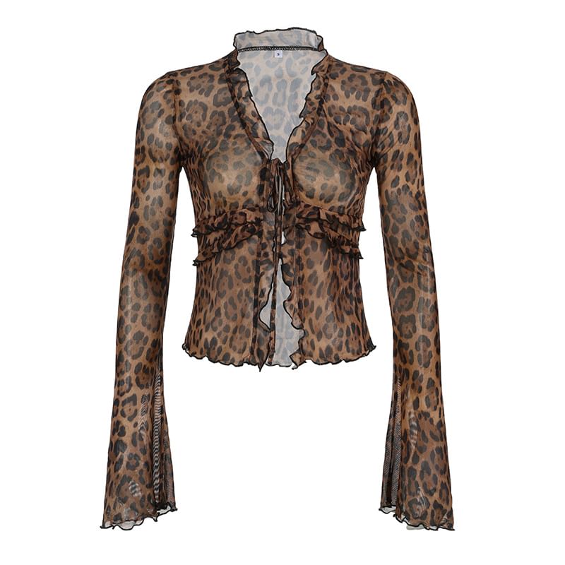 Trisica - Blouse met V-hals, luipaardprint, klokmouwen en striksluiting aan de voorkant