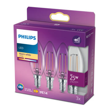 Philips LED kaars E14 25W 3 stuks filament helder niet dimbaar