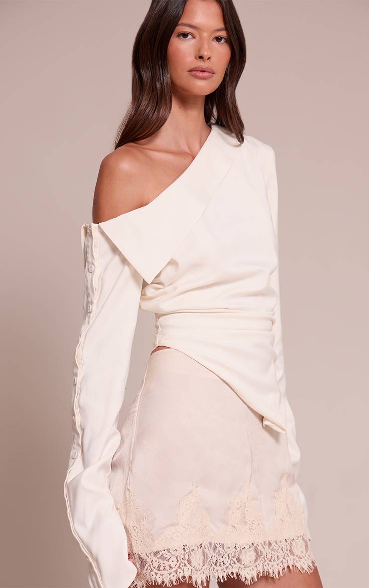 Blanc Chemise À Manches Longues À Rayures Fines Col Bardot Et Ourlet Asymétrique