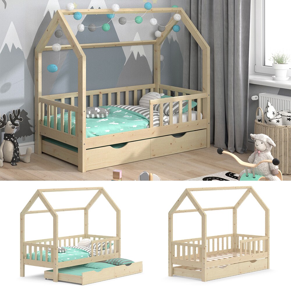 VitaliSpa Kinderbett Hausbett Gästebett Wiki Natur 80x160cm Schublade Lattenrost