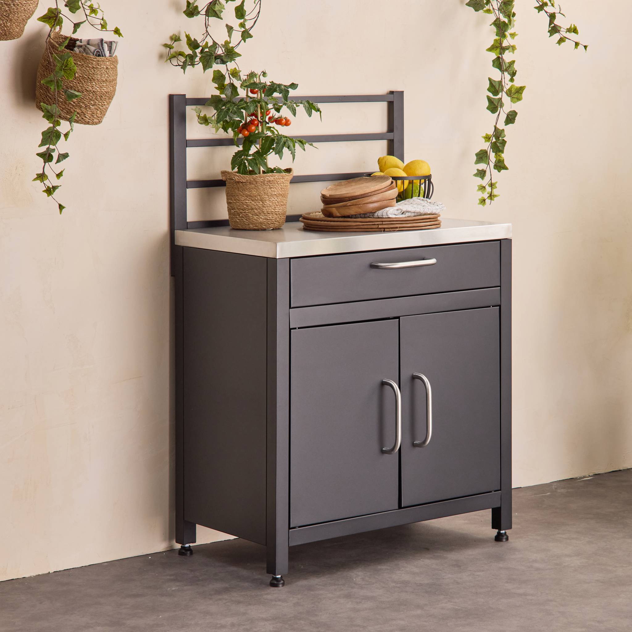 sweeek - Stalen buitenkeuken 1 lade en 1 deur met ophangrooster, 80 cm