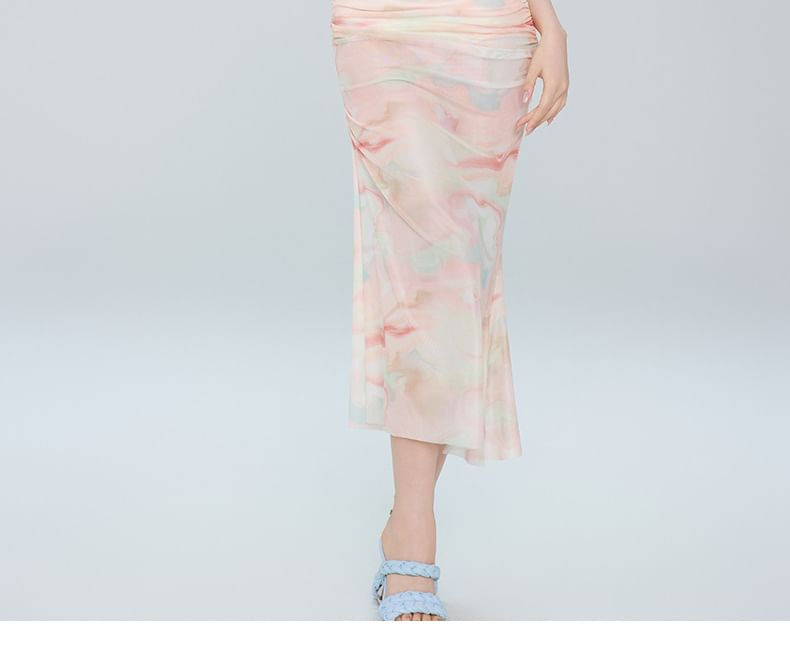 rongira - Set: Halter Tie Dye Flower Accent Bikini Top + Broekje + Bedekkende Rok