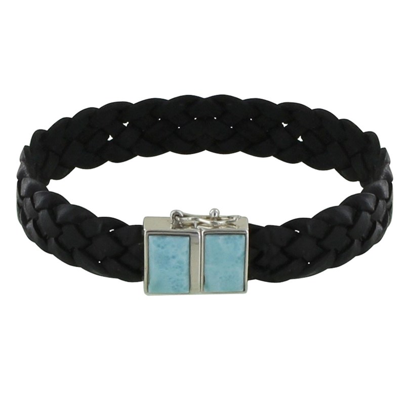Bracelet Homme Tresse Cuir Noir et Deux Rectangles de Larimar - taille 19 cm