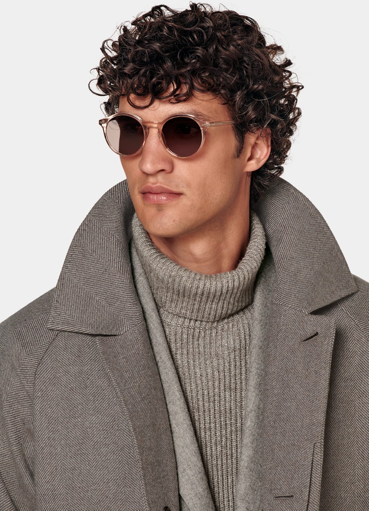 Manteau long ceinturé taupe à chevrons