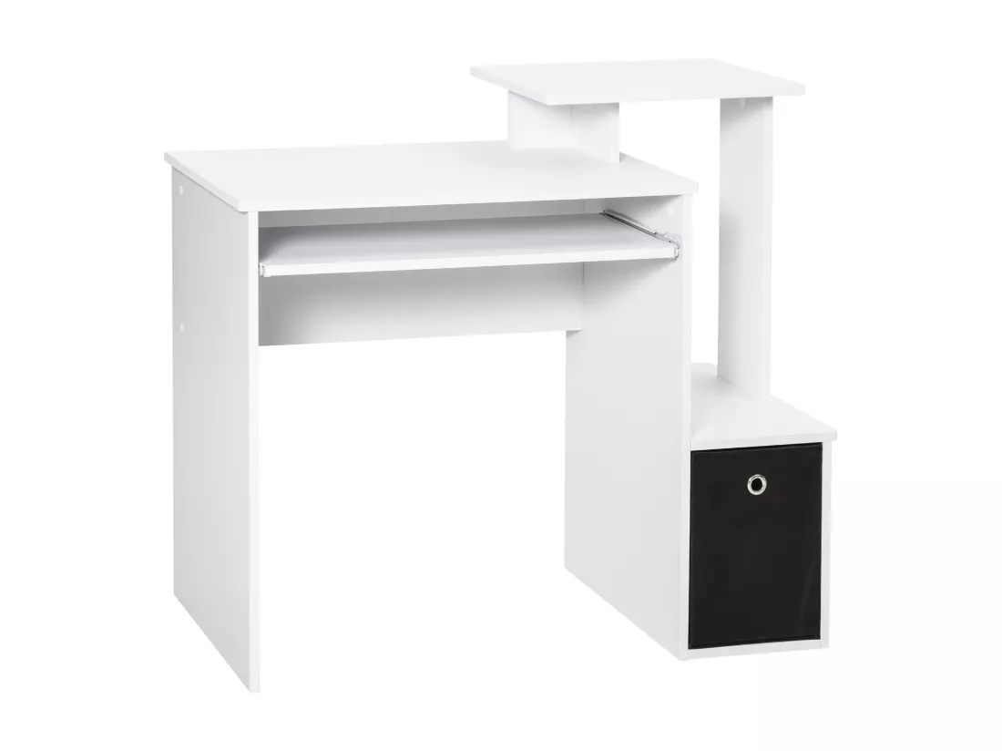 Bureau informatique multimédia étagères tablette clavier panier noir panneaux particules blanc