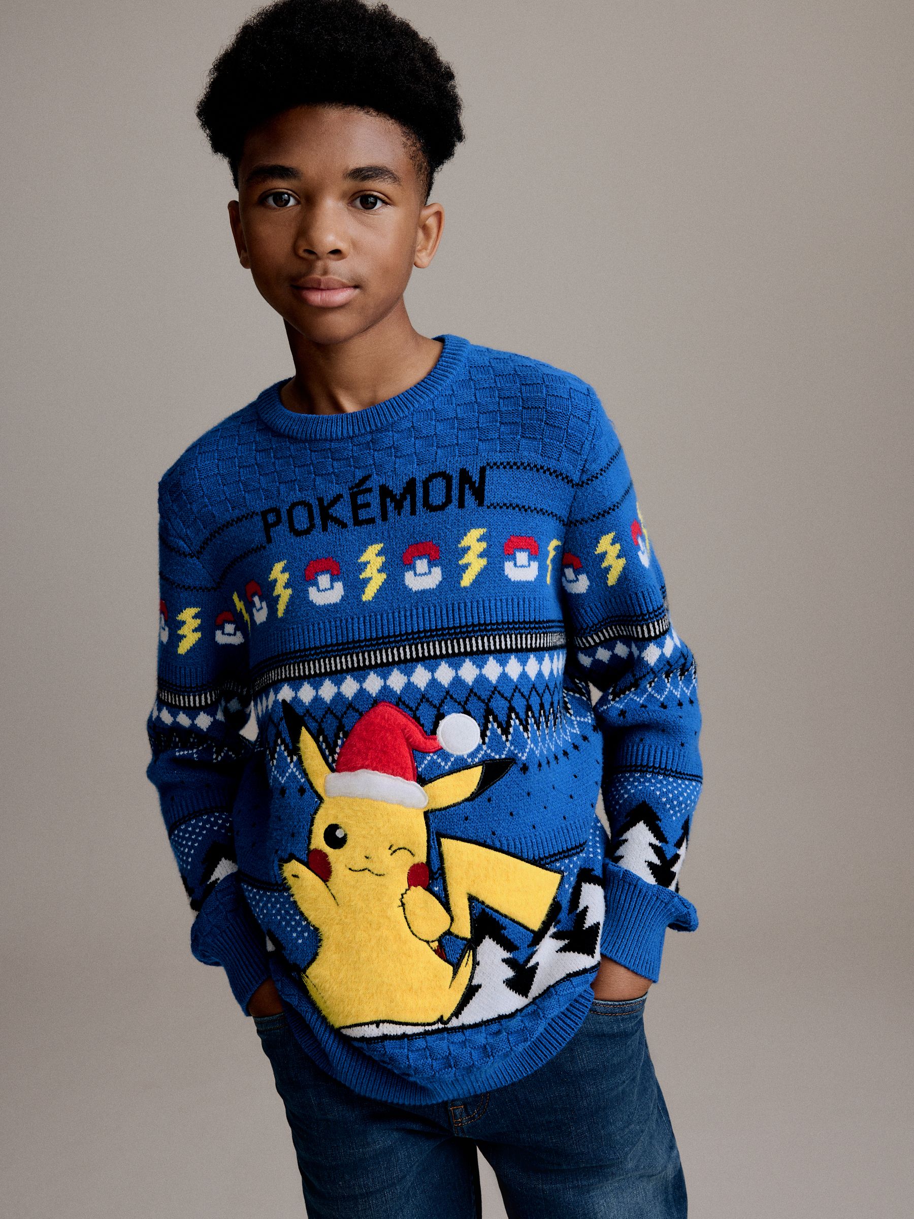 Blauwe Pikachu Pokemon - Kersttrui met Fairisle-patroon en ronde hals (3 - 16 jr)