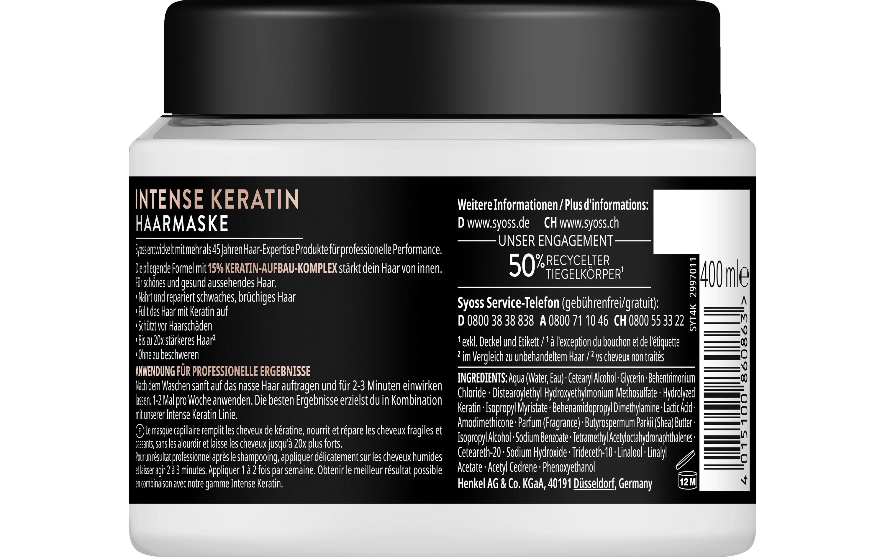 Haarmaske Intense Keratin 400 mlHochwertige Maske glättet die Haarstruktur