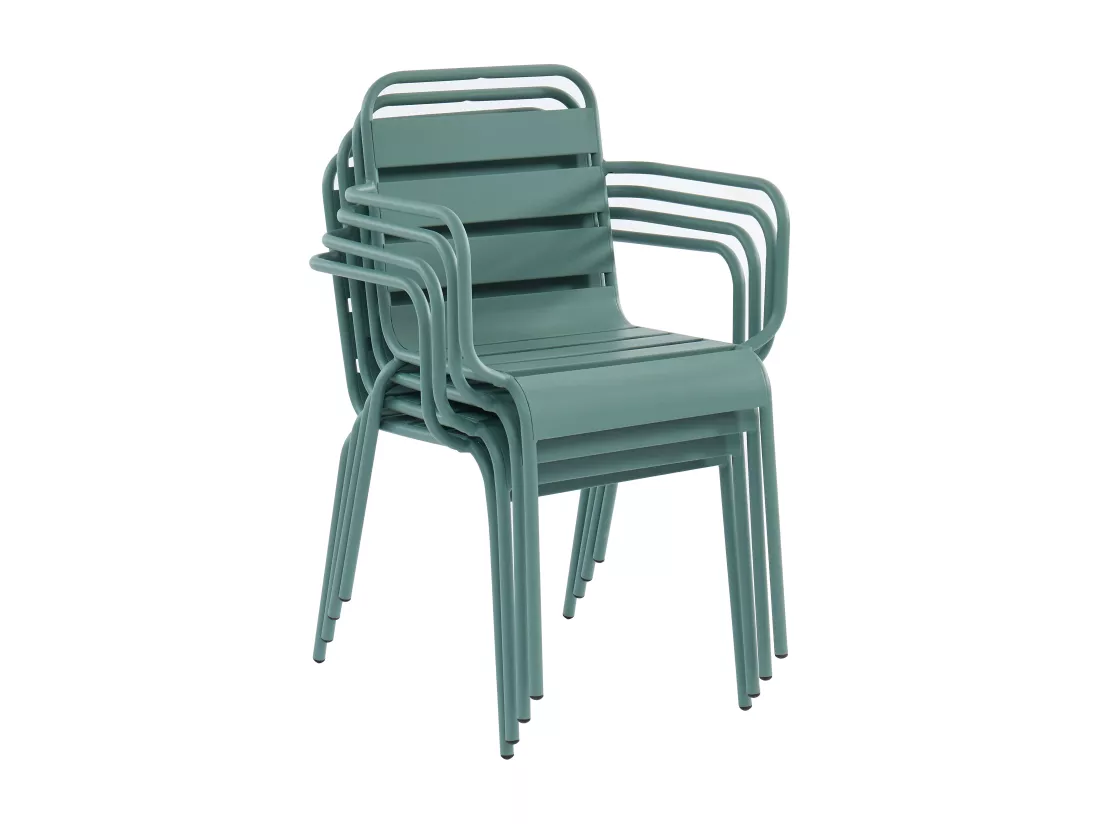 Salle à manger de jardin en métal - une table ronde D.130cm et 6 fauteuils empilables - Vert amande - MIRMANDE de MYLIA