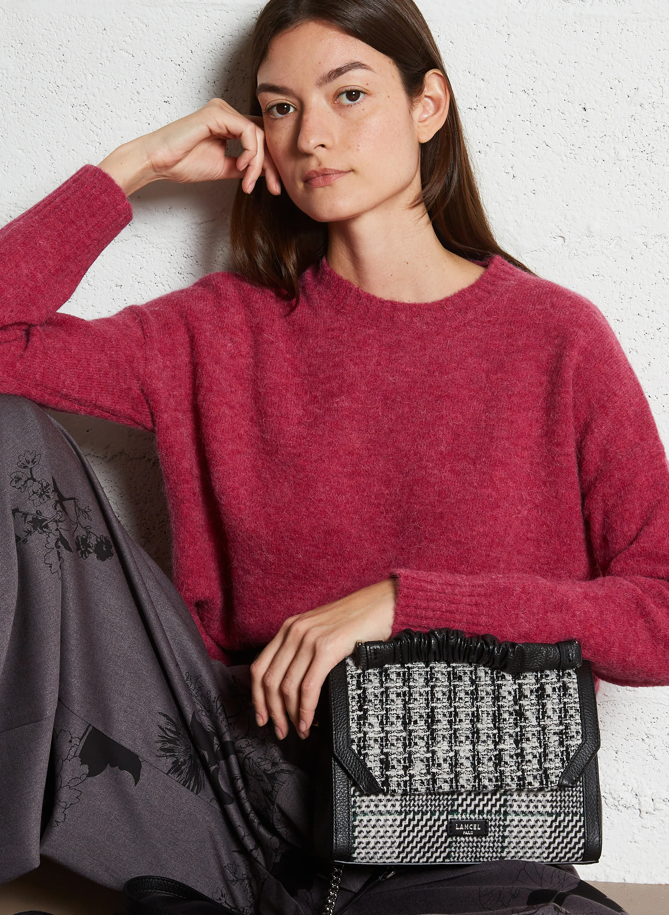 NINON M - Sac bandoulière effet tweed en cuir| Blanc