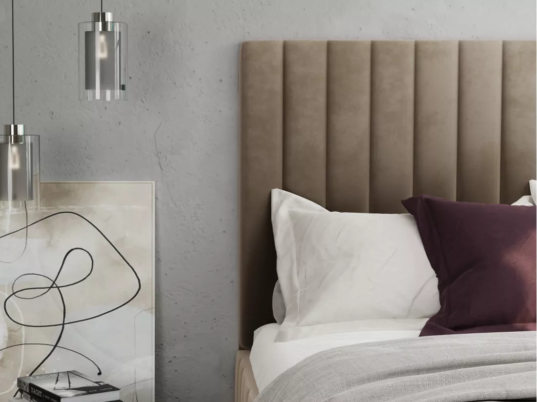 Lit coffre 180 x 200 cm avec tête de lit coutures verticales - Velours - Taupe + Matelas - LARALI de Pascal Morabito