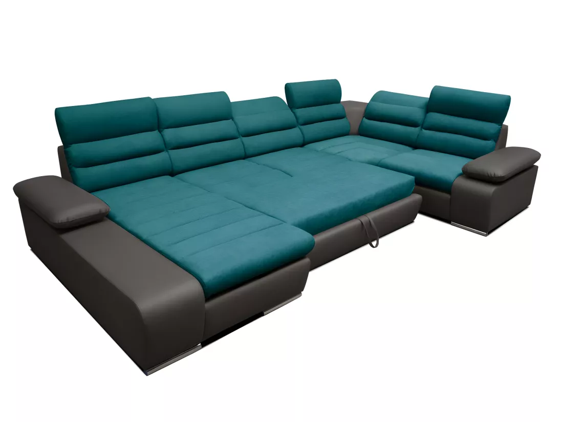 Canapé d'angle panoramique convertible en tissu et simili BOILEAU - Bicolore turquoise/anthracite - Angle gauche