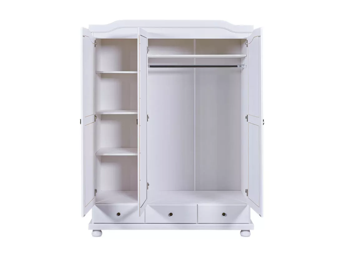 NEDER - Armoire 3 Portes Avec Penderie Bois Massif Vernis Blanc