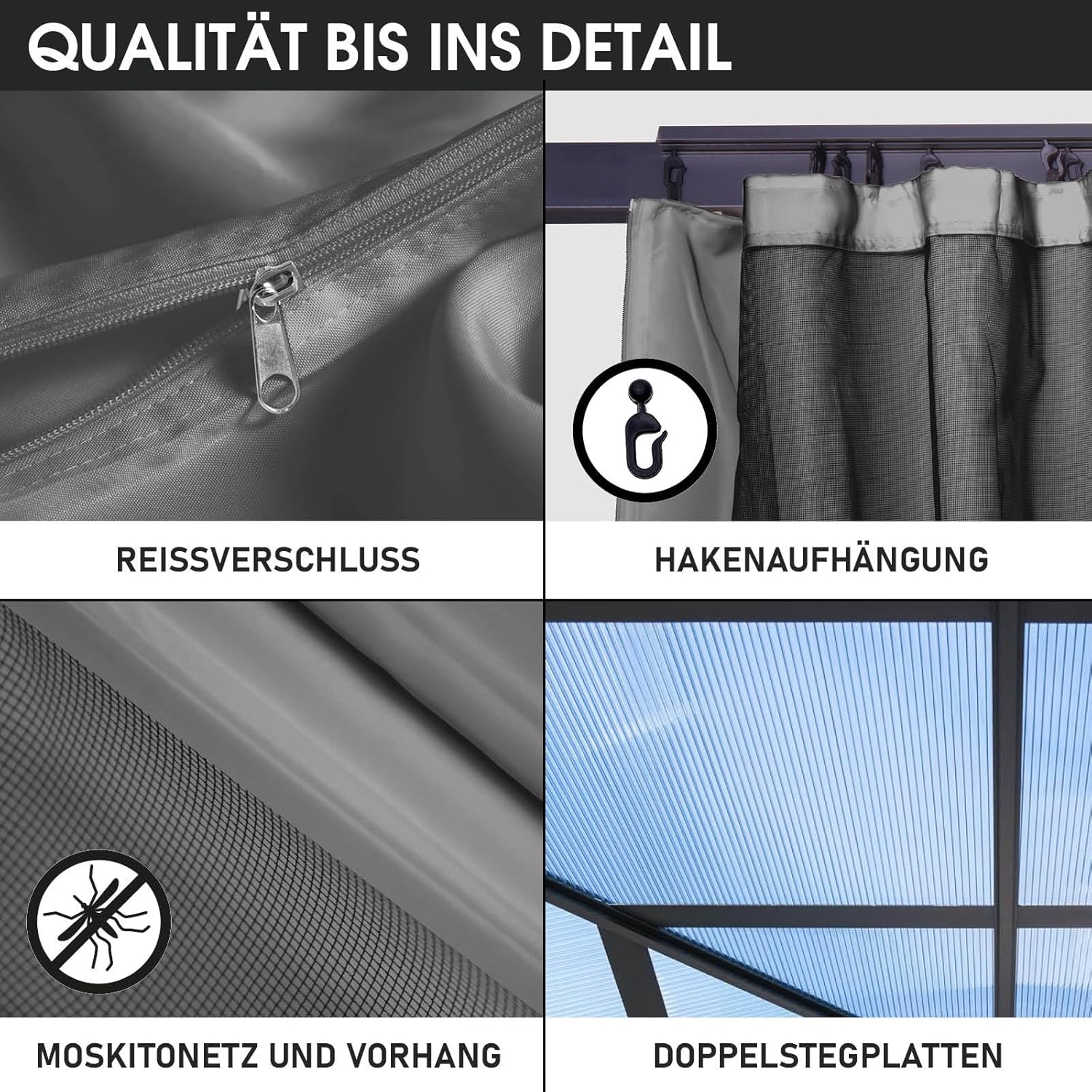 BRAST® Alu Pavillon Premium | viele Modelle & Farben | Größen 3x4m 3,6x4,8m | inkl. Moskitonetz + LED | TÜV geprüft | wasserdicht | UV-Schutz | festes Dach | 3,6x4,8m Grau LED