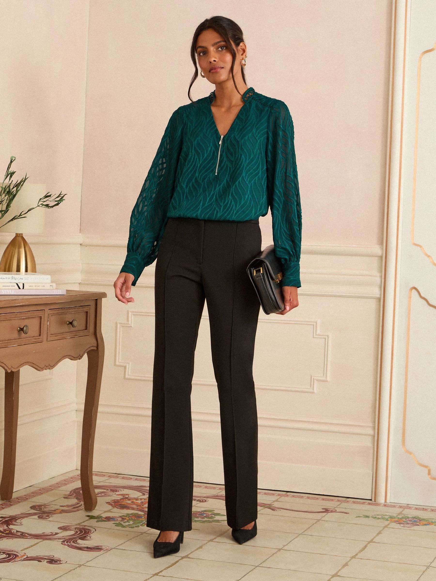 Teal Blue Burnout - Love & Roses - Blouse met lange mouwen en rits aan de voorkant