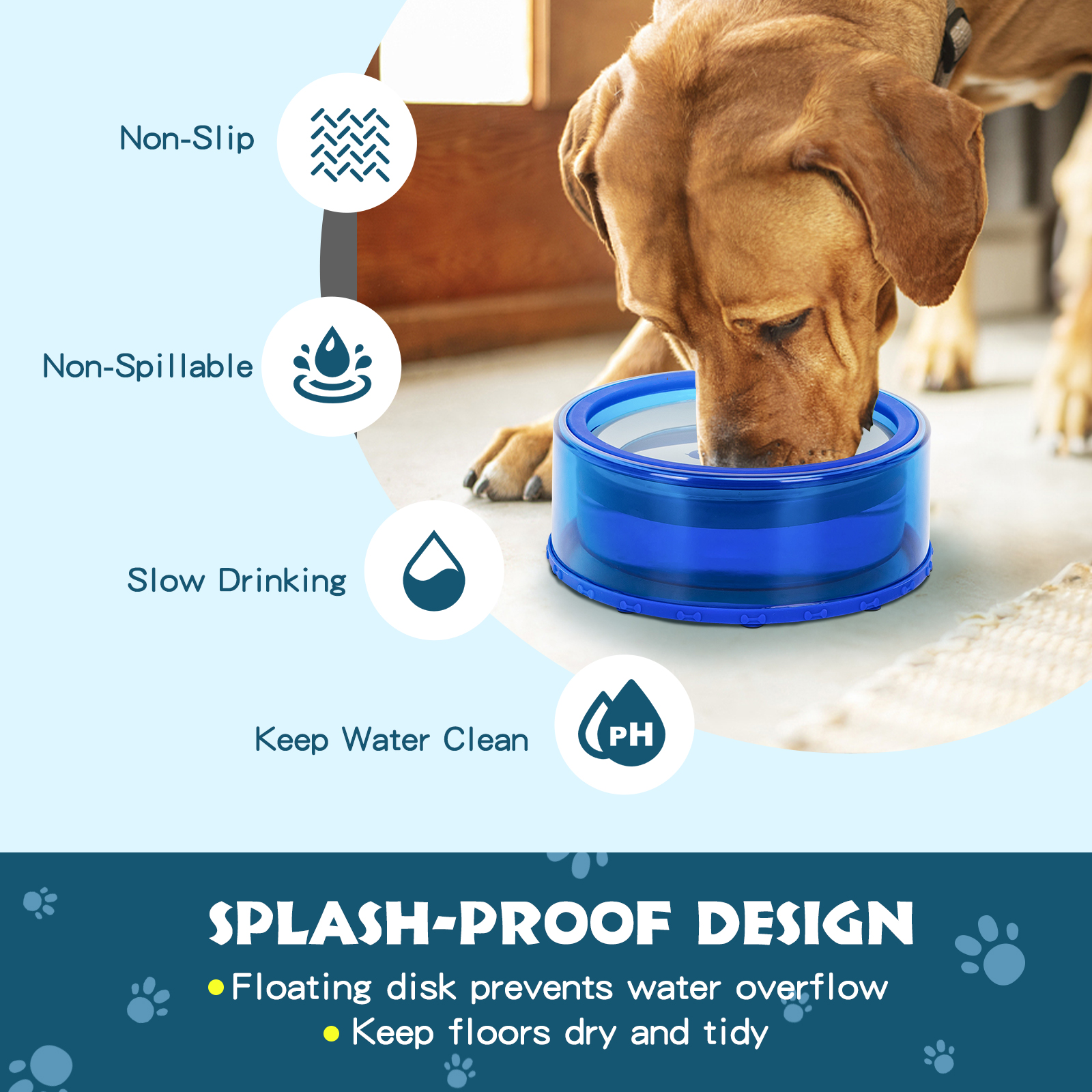 Tigela de água flutuante Nobleza-1L para cães e gatos, à prova de respingos, azul.