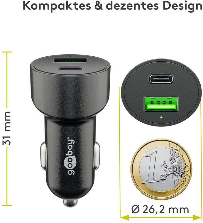 Goobay KFZ USB 2 Port 48W USB-C PD   QC3.0 sw PL Dual-USB Auto Schnellladegerät USB-C