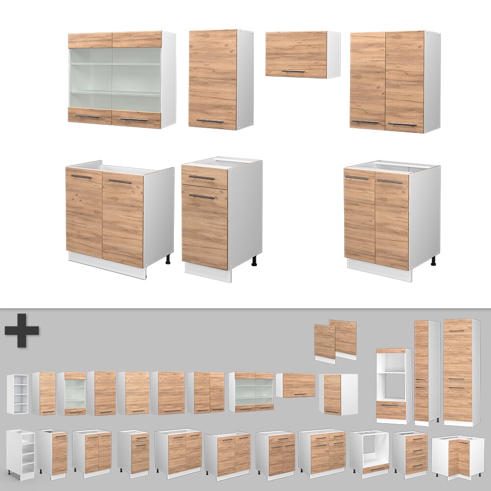Vicco Küchenzeile Küchenblock Einbauküche Fame-Line Weiß Eiche 240 cm modern Küchen Schränke Spülenunterschrank Schubunterschrank Hängeschrank Hängeglasschrank