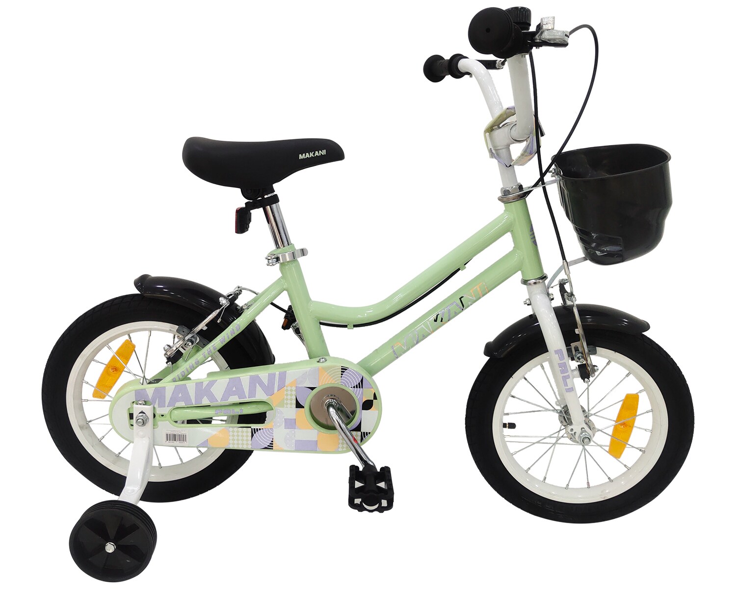 Makani Kinderfahrrad Pali 14 Zoll, verstellbar, Stützräder, Frontkorb, Klingel grün