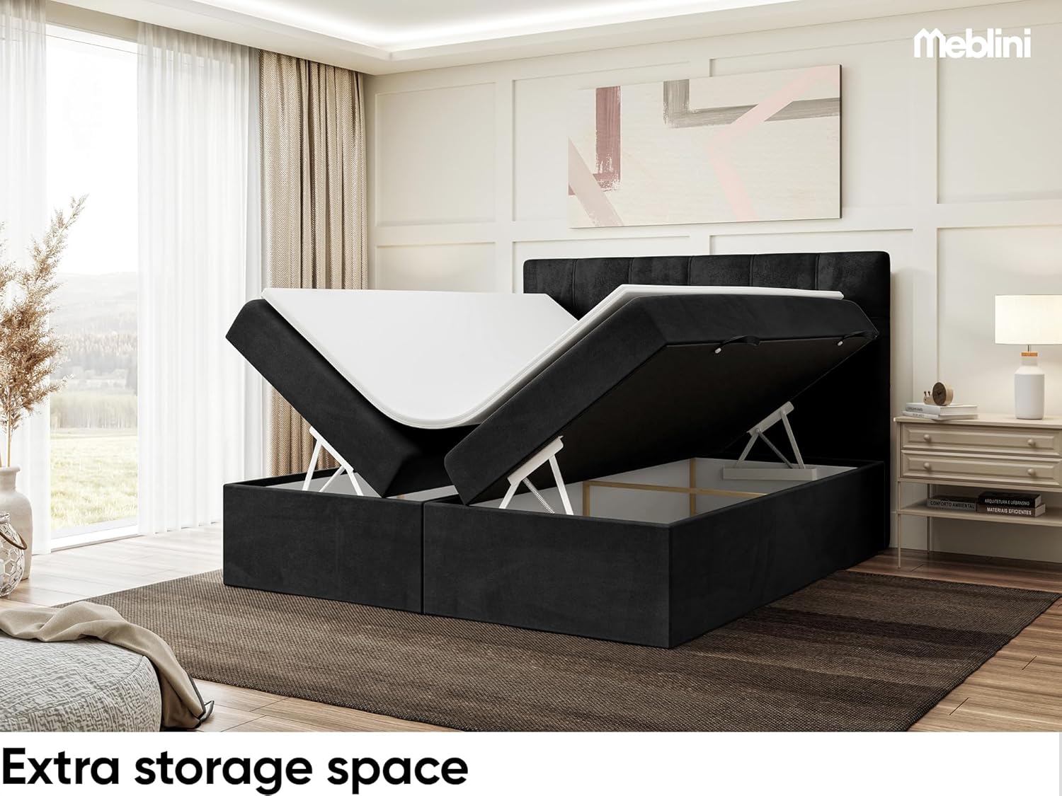 MEBLINI Boxspringbett mit Bettkasten - Gepolstert Doppelbett mit Matratze und Topper - Polsterbett mit Stauraum - Bett mit Kopfteil - Kai - 140x200 - H3/Schwarz Samt