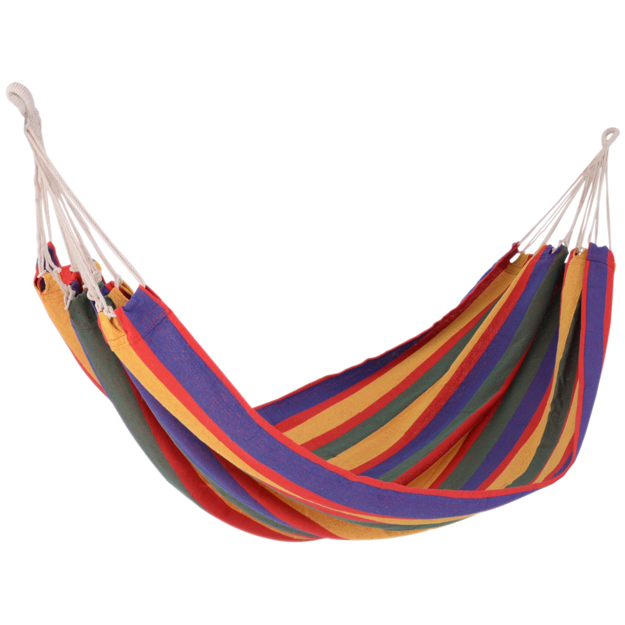 Rede de algodão Outsunny para jardim, 200x100 cm, rede suspensa portátil, carga máxima de 120 kg, ideal para camping, piscina e camping, com listras multicoloridas.