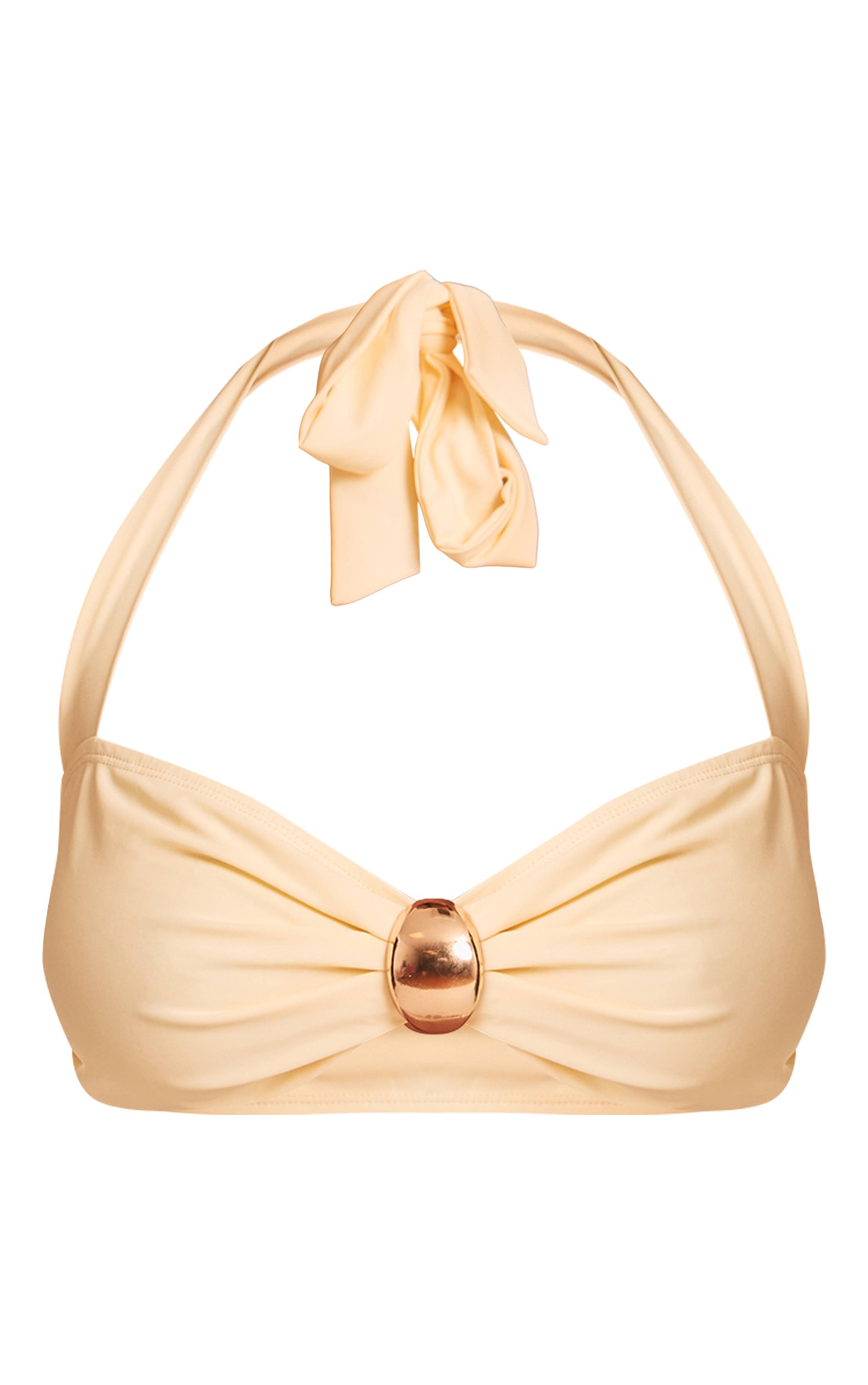 Pale Yellow Haut De Bikini Échancré Avec Tour De Cou Et Finitions Dorées
