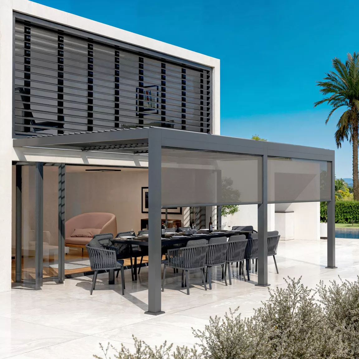 Pergola bioclimatique Adossée motorisée aluminium et LED (3 x 6 m) Gris anthracite