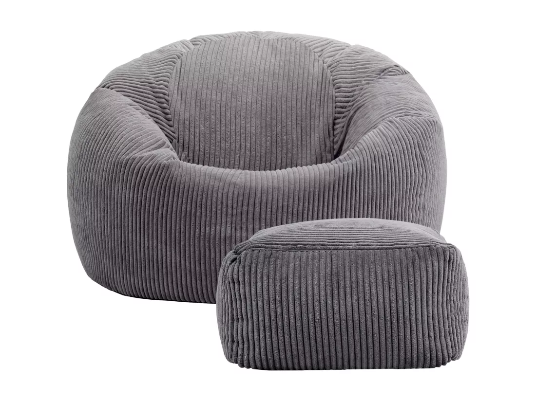 Pouf classique et son repose-pied velours côtelé, gris anthracite - KINGSTON