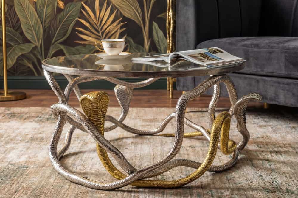 Runder Couchtisch SNAKE 70cm gold silber Metall Schlangen-Skulptur Glasplatte