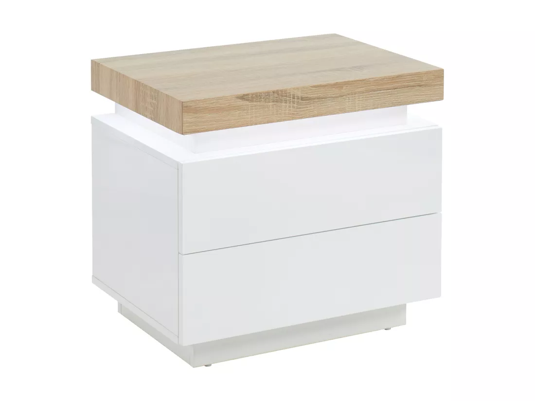 Lot de 2 tables de chevet - 2 tiroirs - MDF Laqué - Avec LEDs - Coloris : Blanc et chêne - HALO II