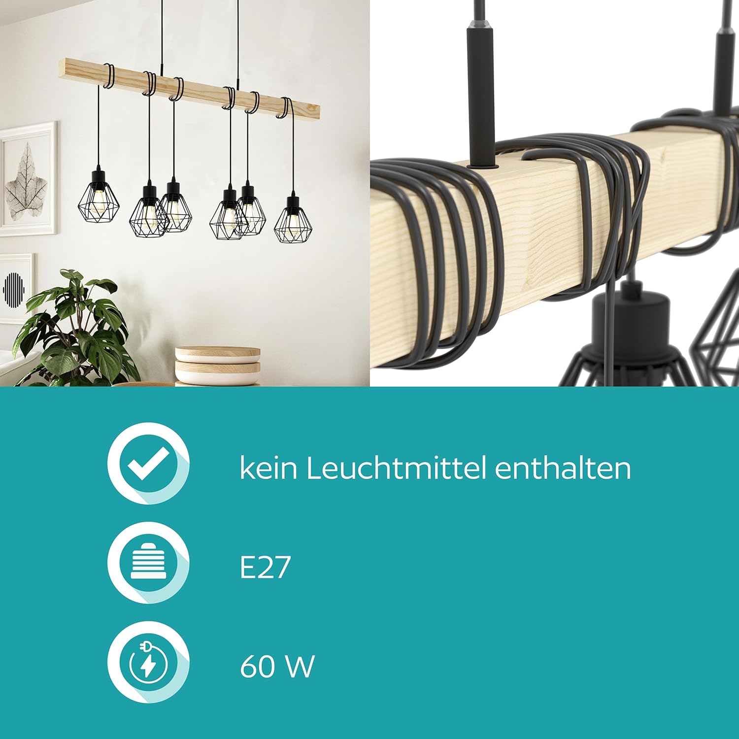 EGLO Pendellampe Townshend 5, 6 flammige Vintage Pendelleuchte im Industrial Design, Retro Hängelampe aus Stahl und Holz, Farbe: Schwarz, braun, Fassung: E27