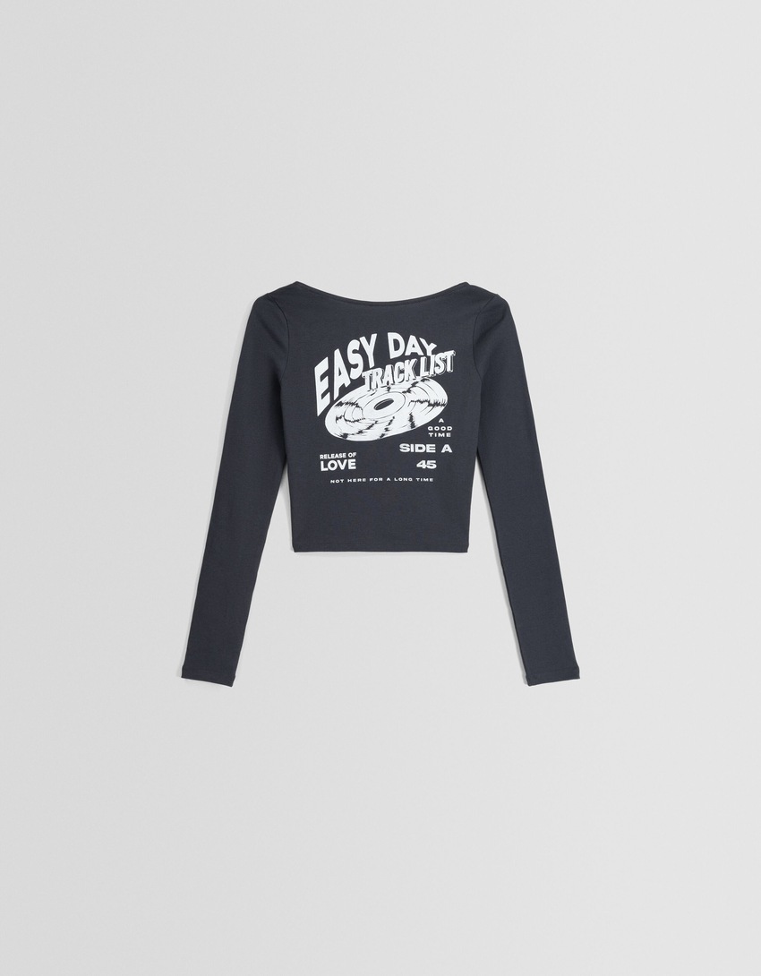 Camiseta de manga comprida estampada com costas abertas