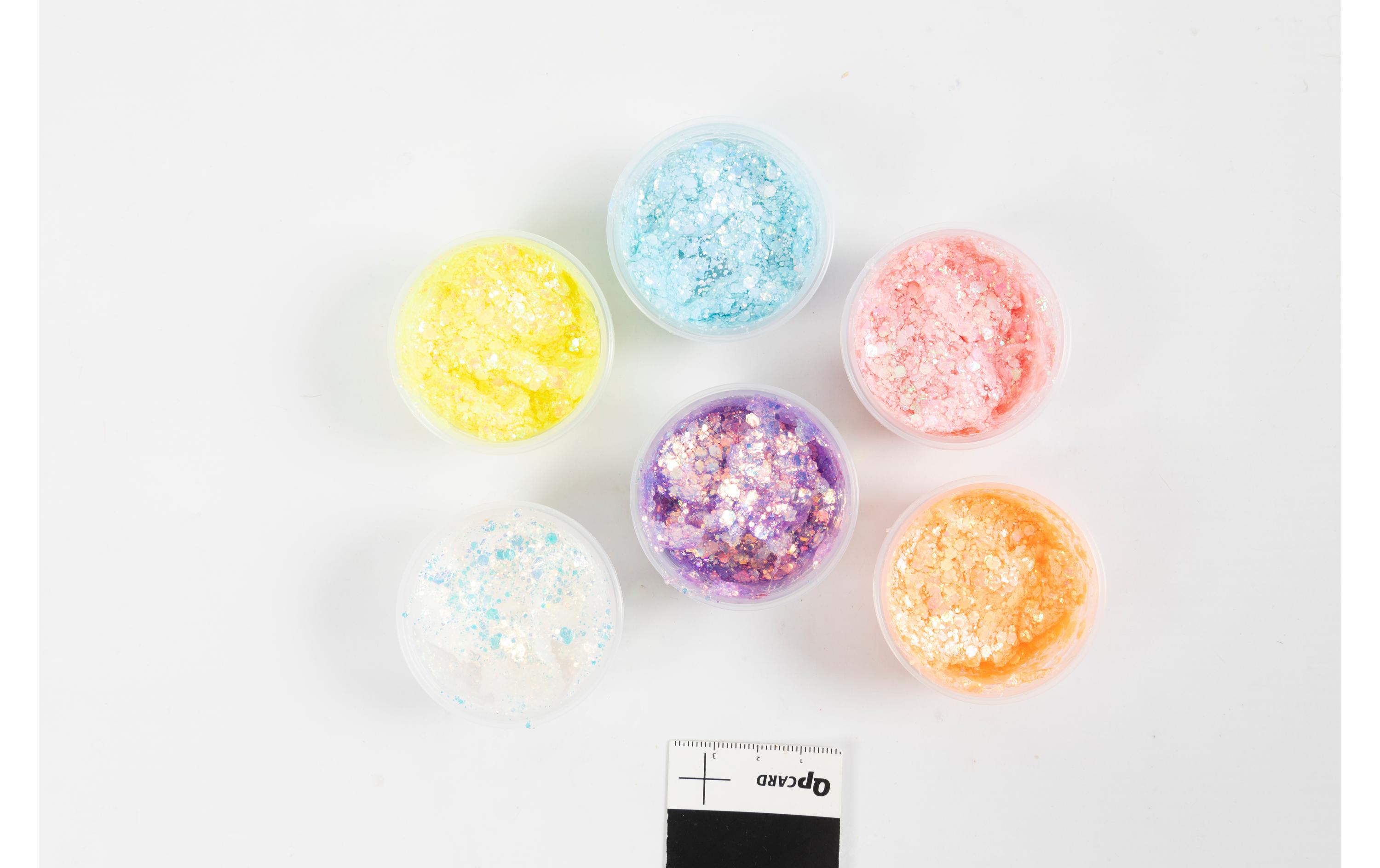 Modelliermasse Glitter Clay 6 x 20 ml, PastellfarbenTransparente Modelliermasse mit Glitzerflocken