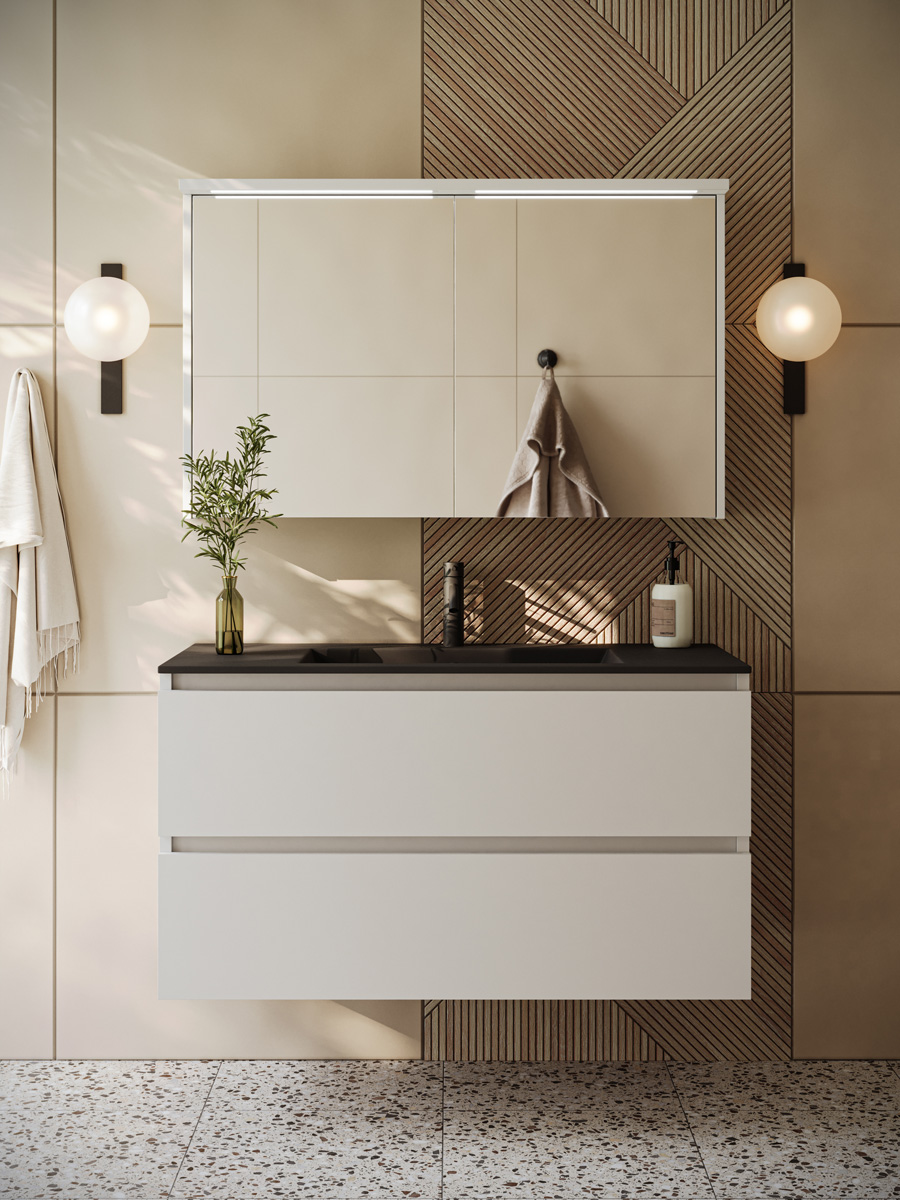 Fontana Rovigo badmeubel 100cm wit mat met zwarte wastafel met kraangat en spiegelkast met verlichting