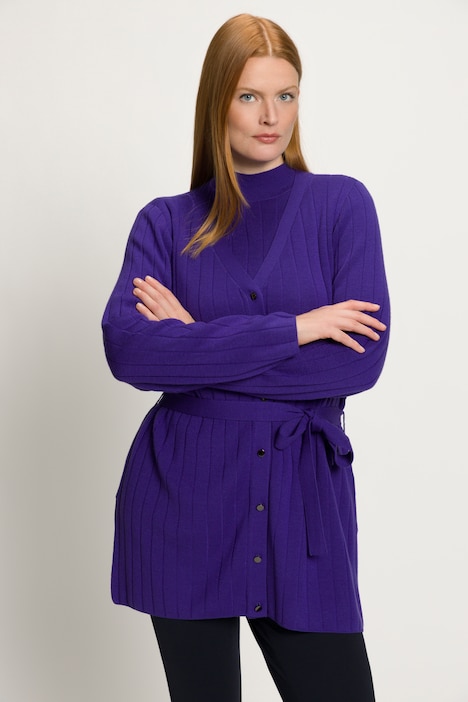 Strickjacke, Wollmix, Rippstrick, V-Ausschnitt, Gürtel