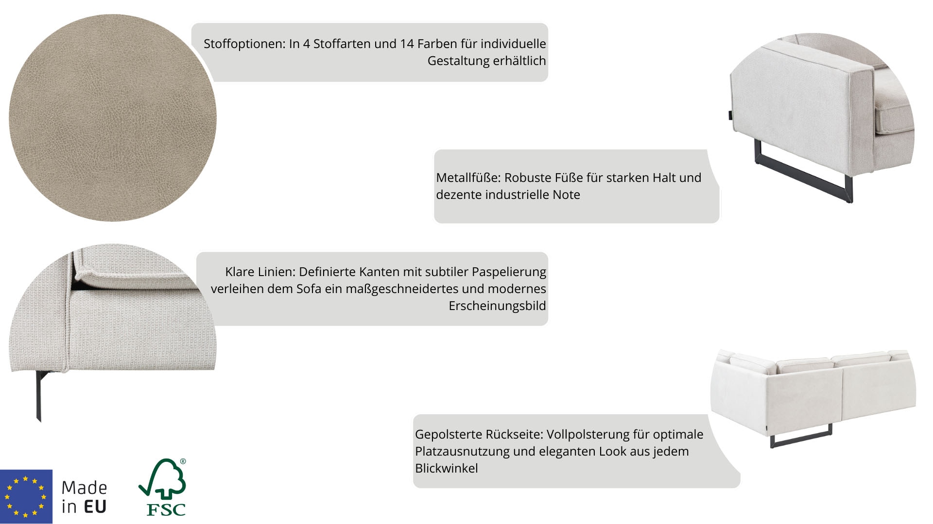 Home affaire Ecksofa »Pinto, 290 cm, Cord, Chenille, Lederoptik, Ottomane links / rechts« mit Keder, schwarze Metallfüsse, Wellenunterfederung